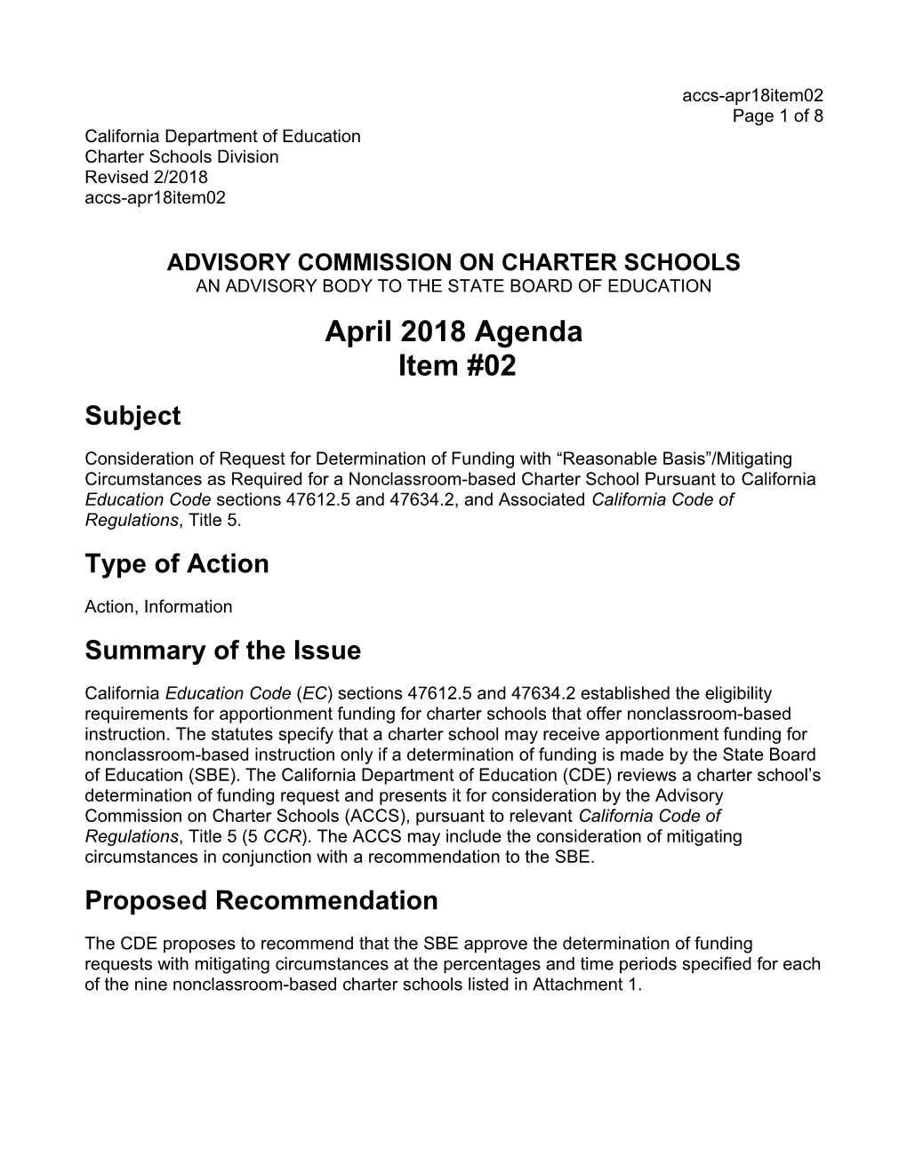 April 2018 ACCS Agenda Item 02 - Advisory Commission on Charter Schools (CA State Board