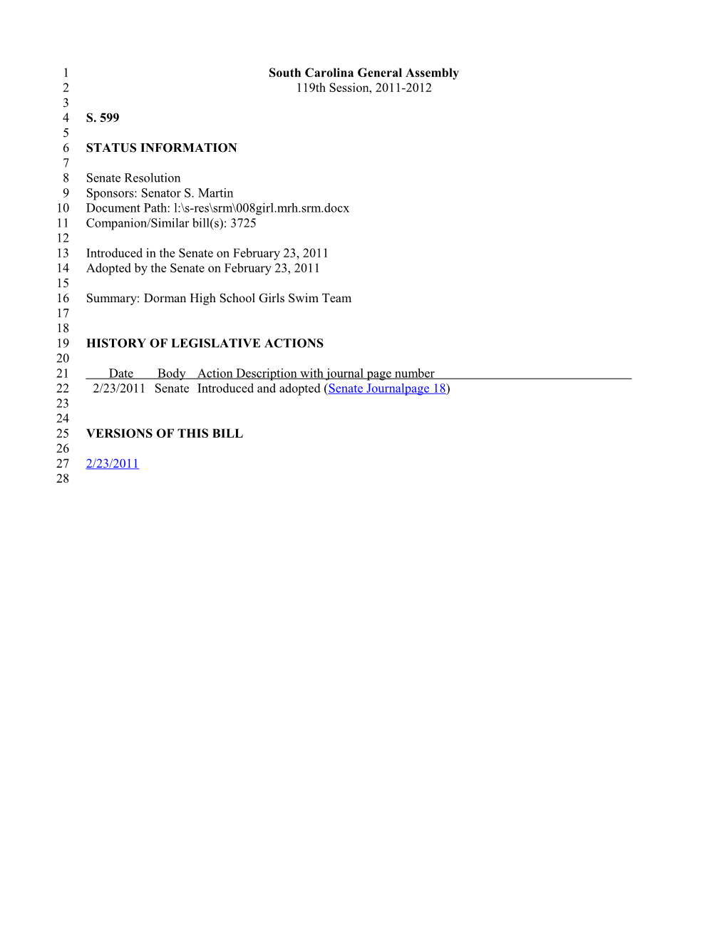2011-2012 Bill 599: Dorman High School Girls Swim Team - South Carolina Legislature Online