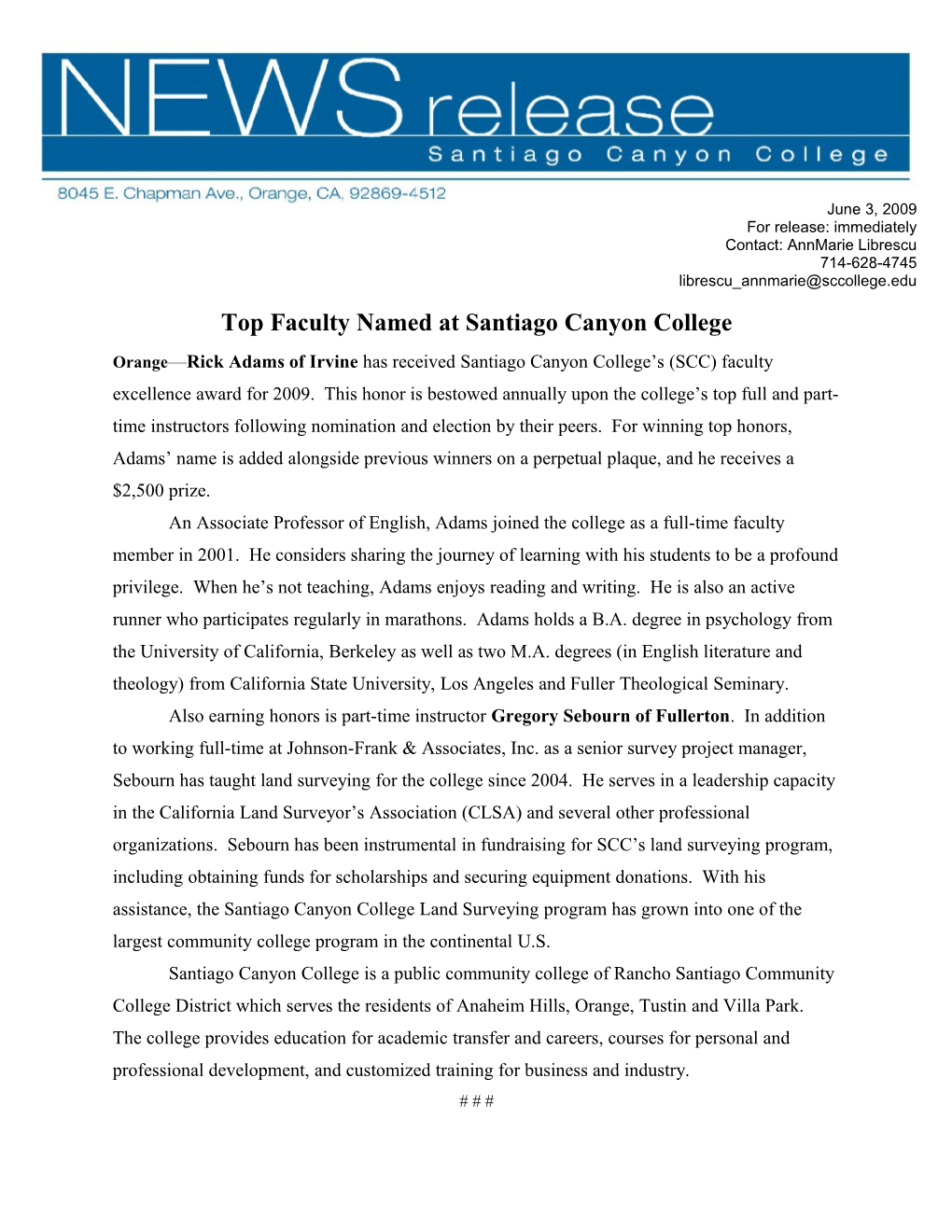 Top Faculty Named at Santiago Canyon College