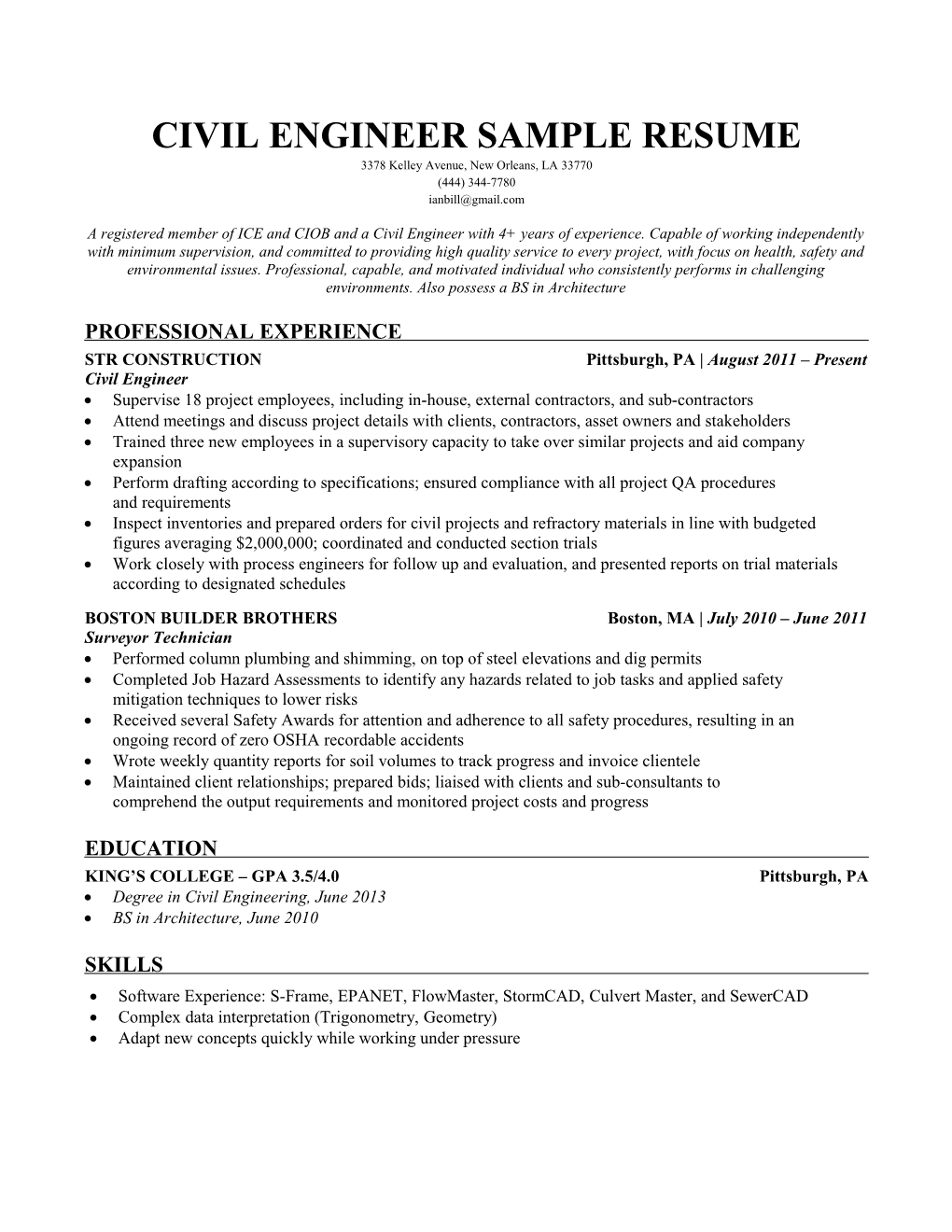 Civil Engineer Sample Resume