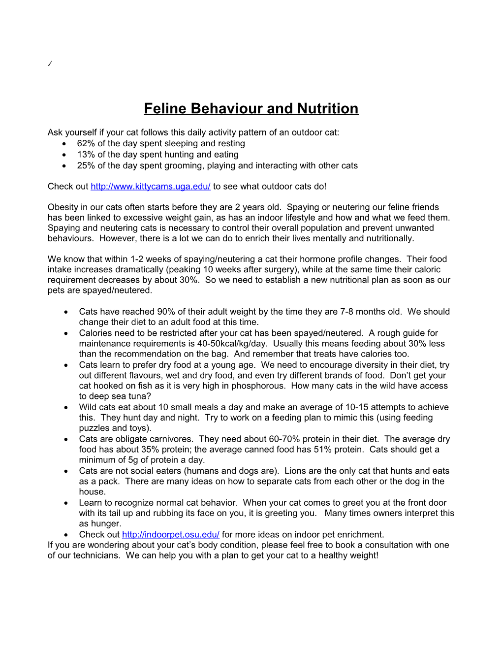 Feline Behaviour and Nutrition