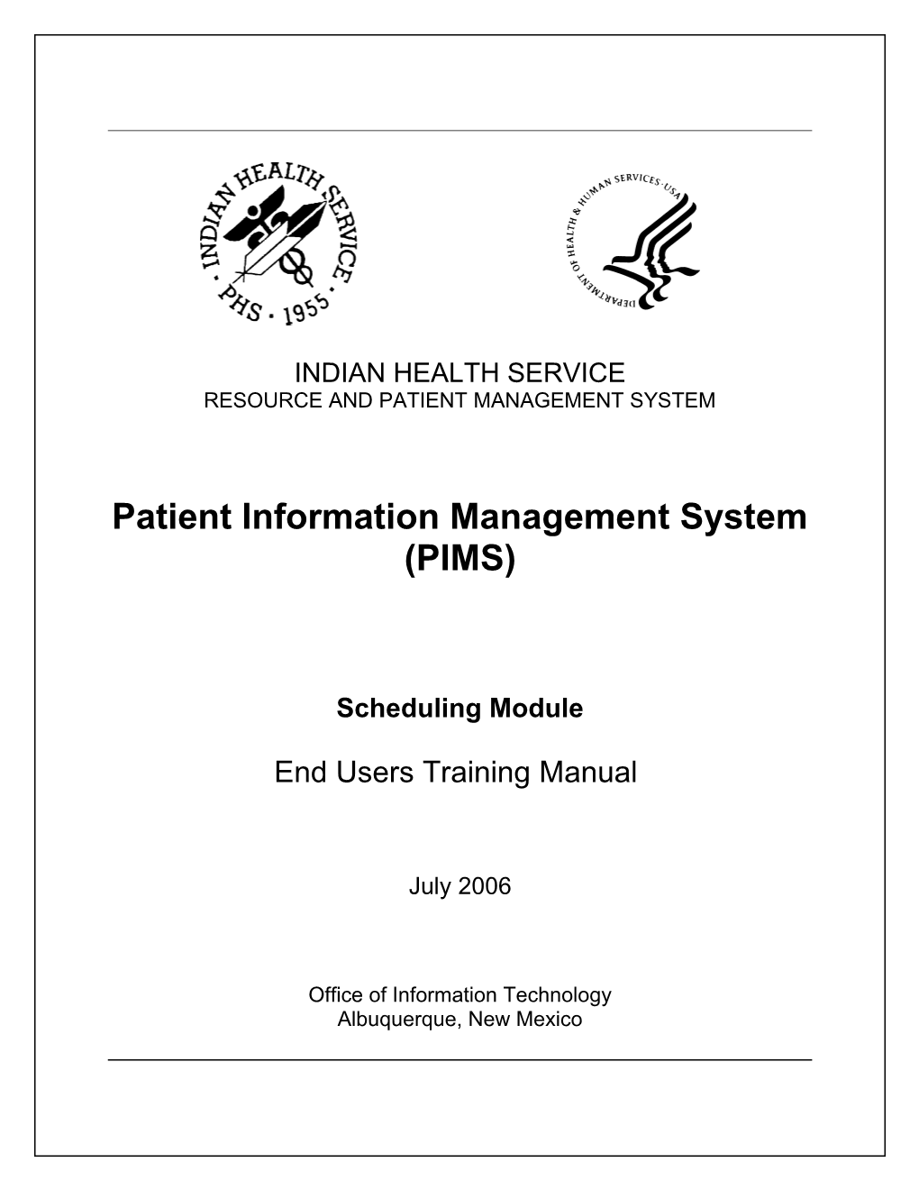 PIMS Scheduling Module End Users Training Manual