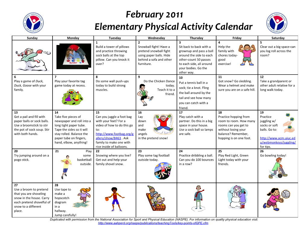 Elementary Physical Activity Calendar