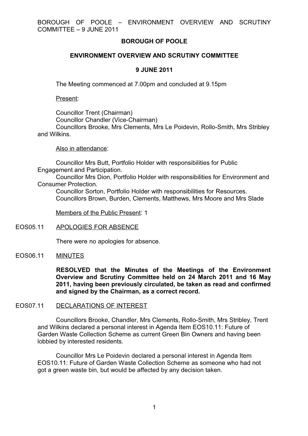 Minutes - Environment Overview and Scrutiny Committee - 9 June 2011