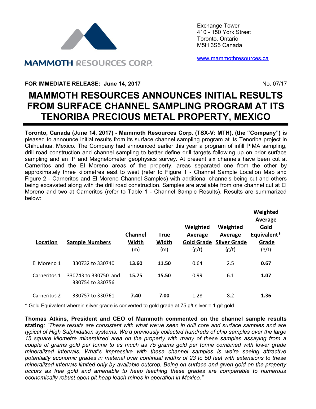 Mammoth Resources Announces Initial Results from Surface Channel Sampling Program at Its