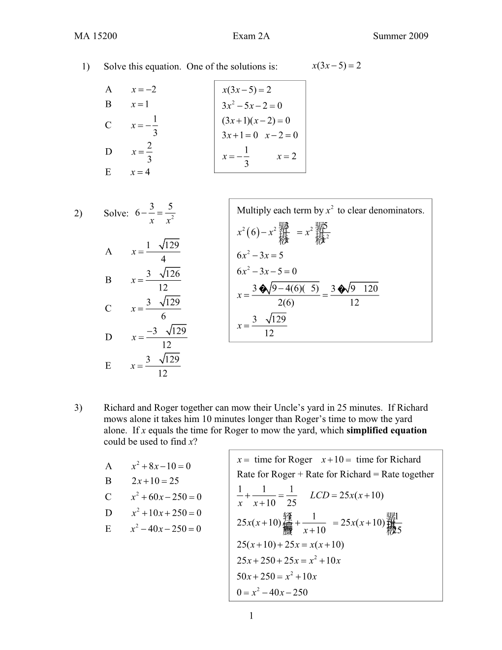 MA 15200 Exam 2A Summer 2009