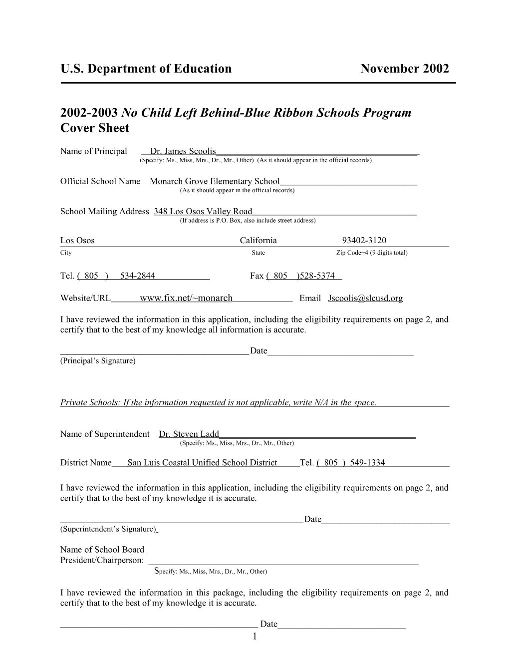 Monarch Grove Elementary School 2003 No Child Left Behind-Blue Ribbon School (Msword)