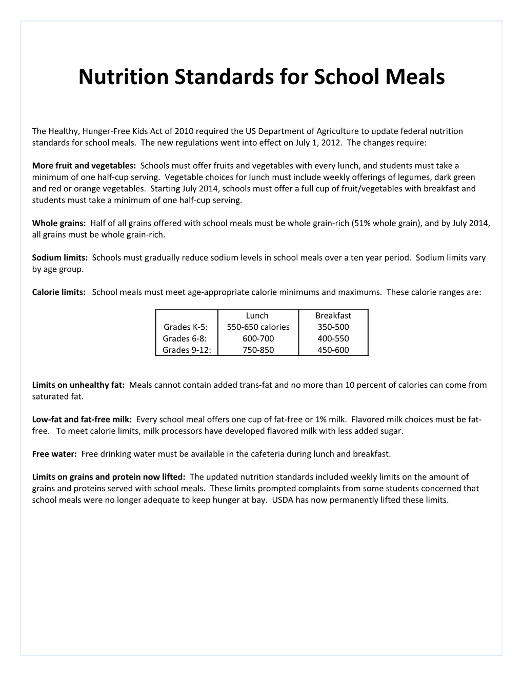 Nutrition Standards for School Meals