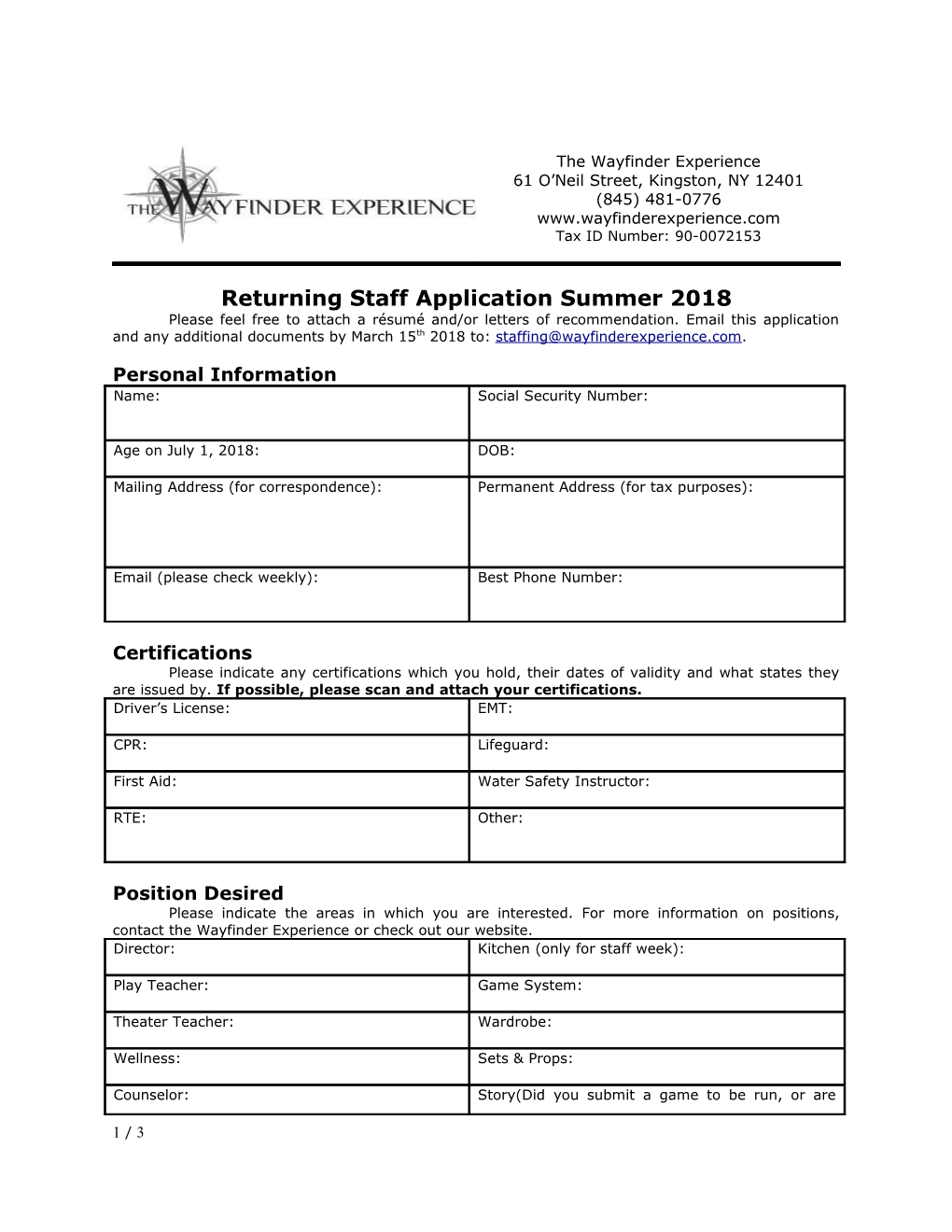 Returning Staff Application Summer 2018