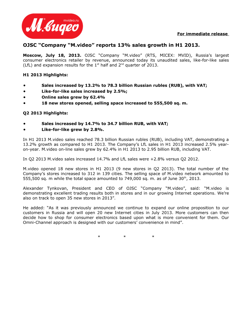OJSC Company M.Video Reports 13% Sales Growth in H1 2013
