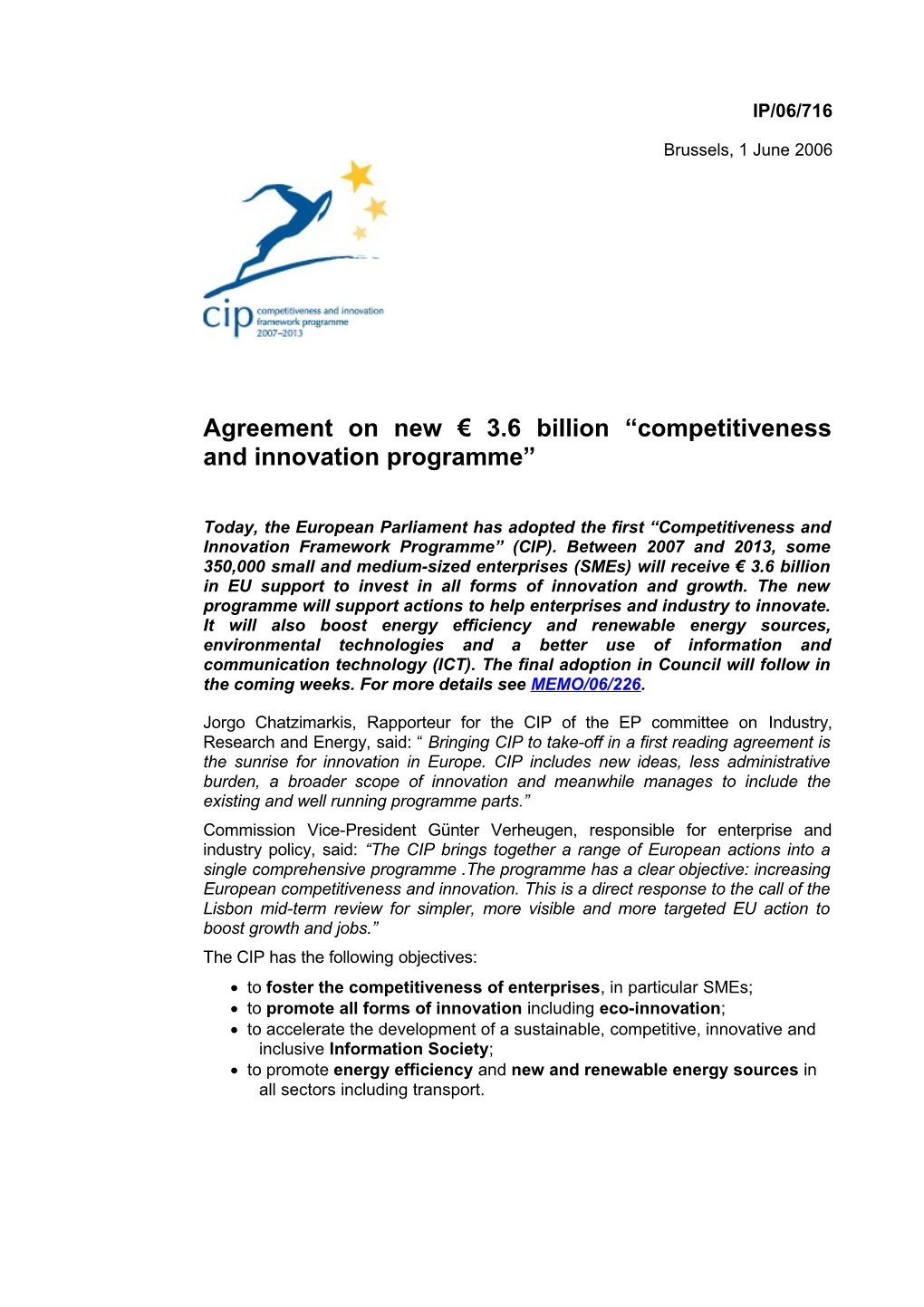 Agreement on New 3.6 Billion Competitiveness and Innovation Programme