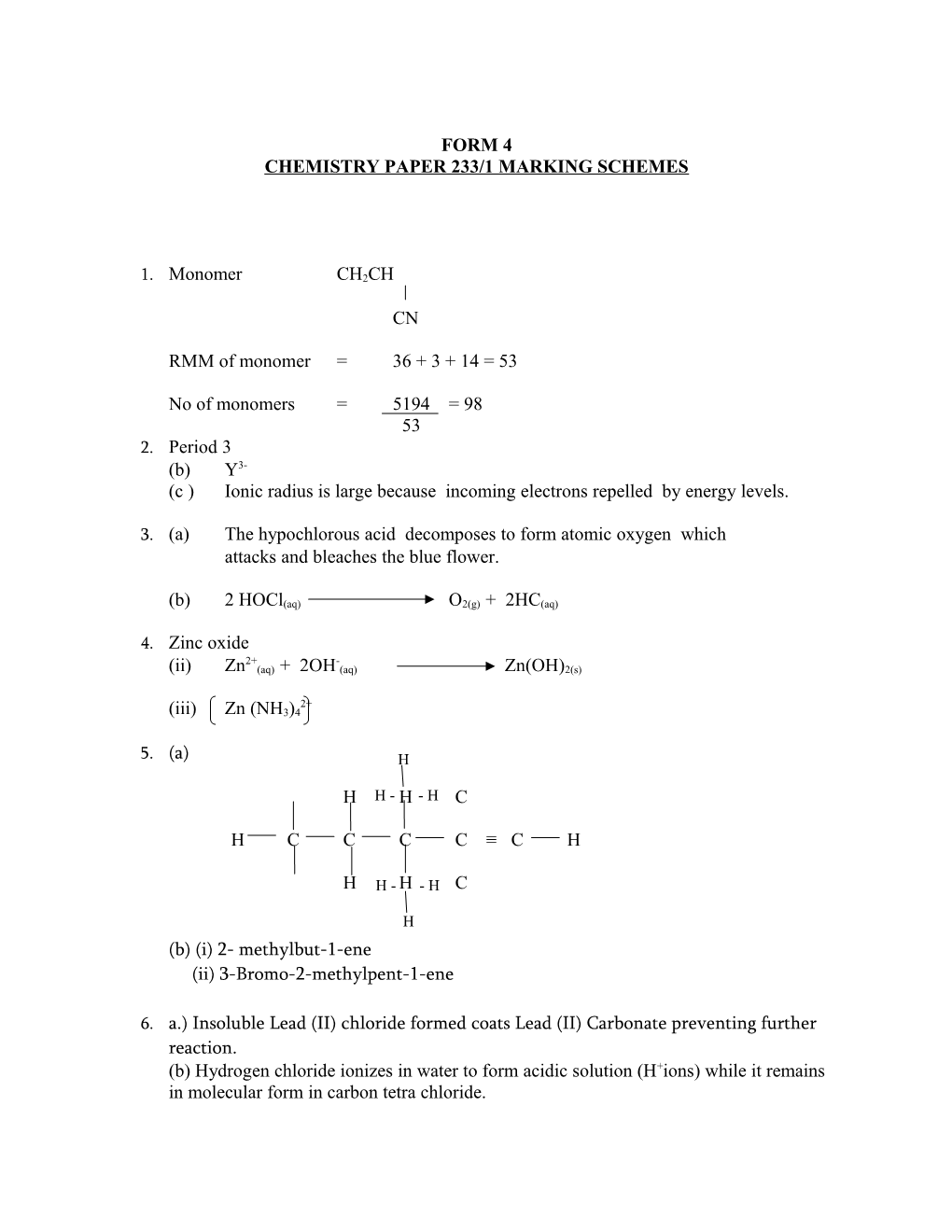 Chemistry Paper 233/1 Marking Schemes