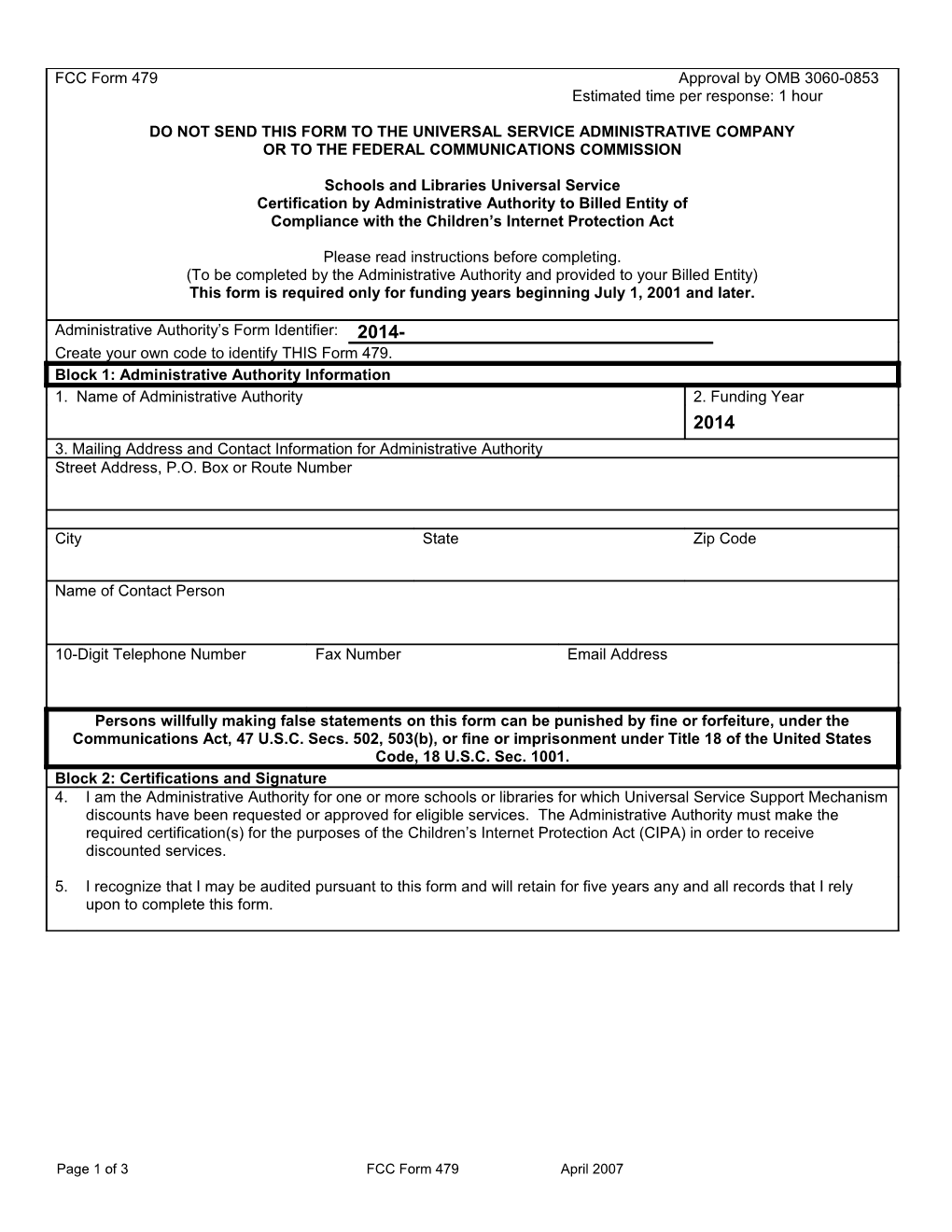 FCC Form 479 Approval by OMB 3060-0853