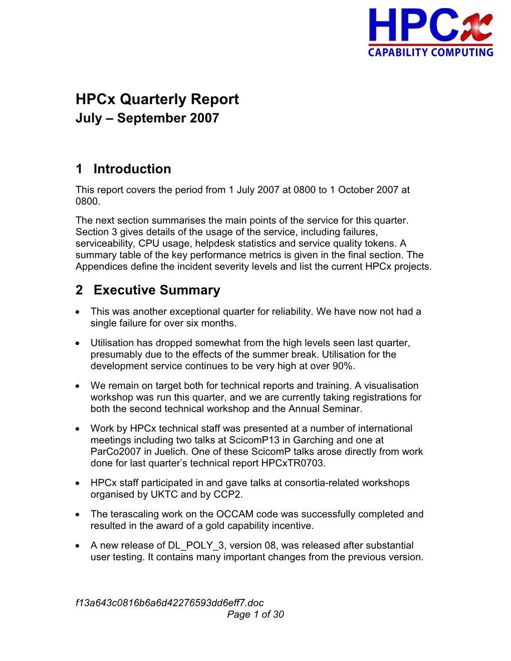 Hpcx Service Report