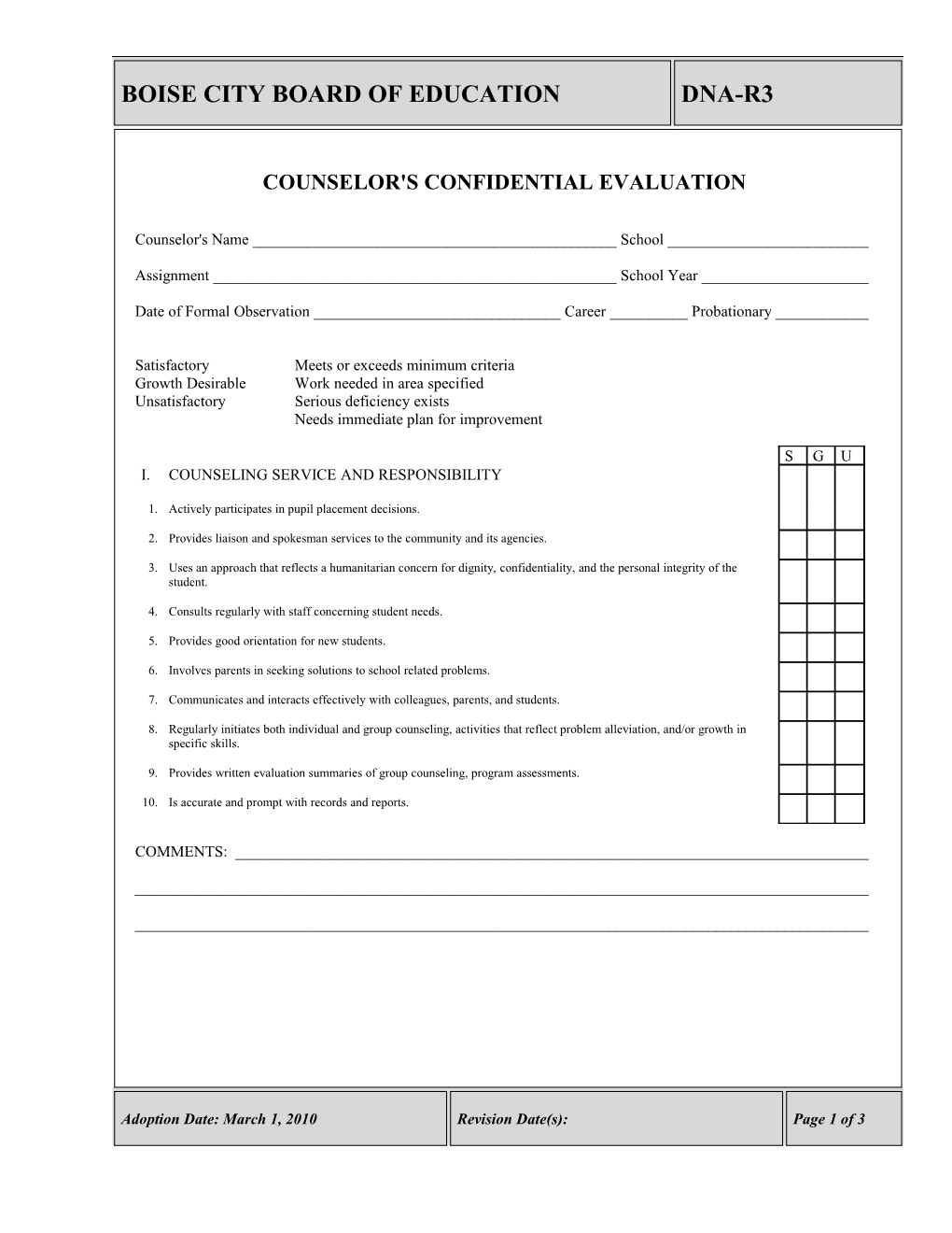 Counselor's Confidential Evaluation