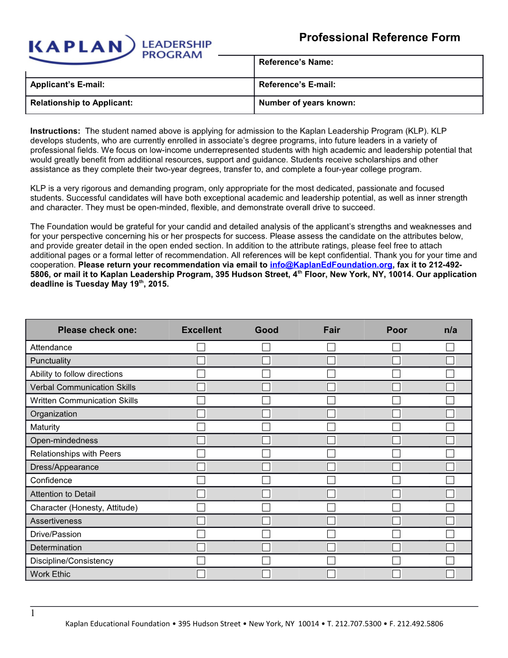 Kaplan Leadership Program Reference Form