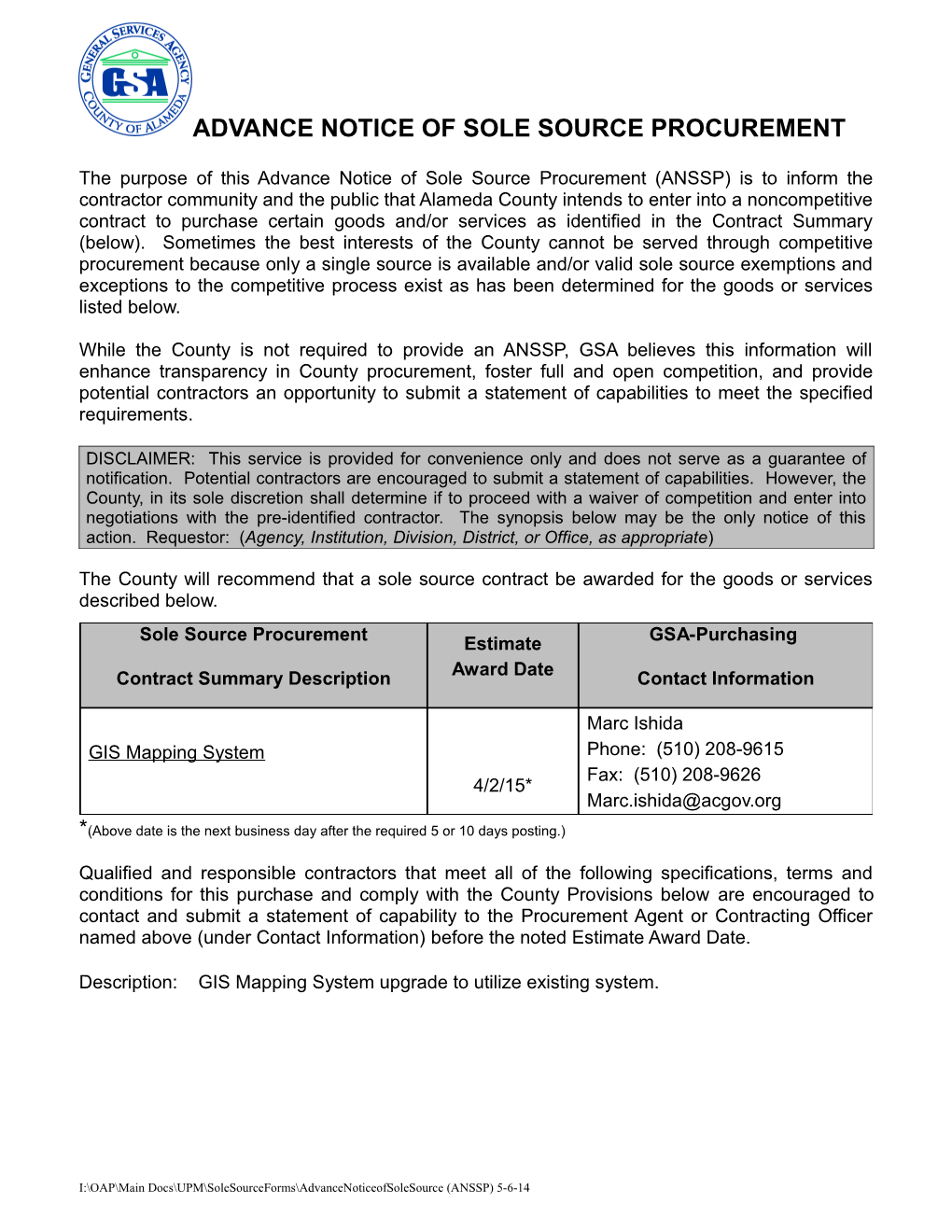 Advance Notice of Sole Source Procurement s5