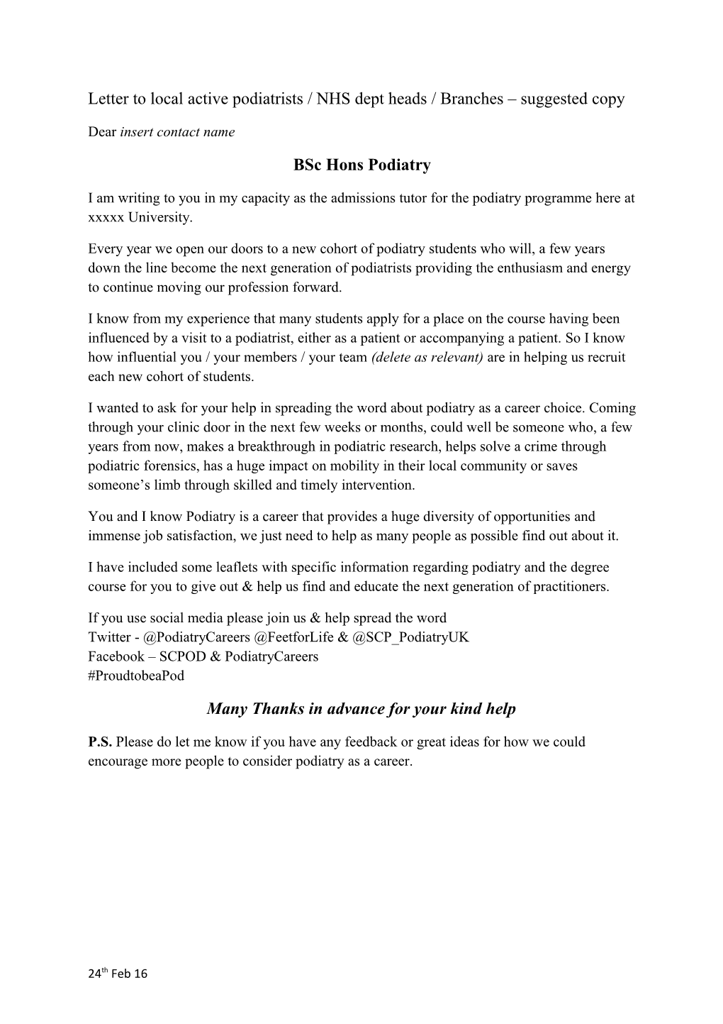Letter to Local Active Podiatrists / NHS Dept Heads / Branches Suggested Copy