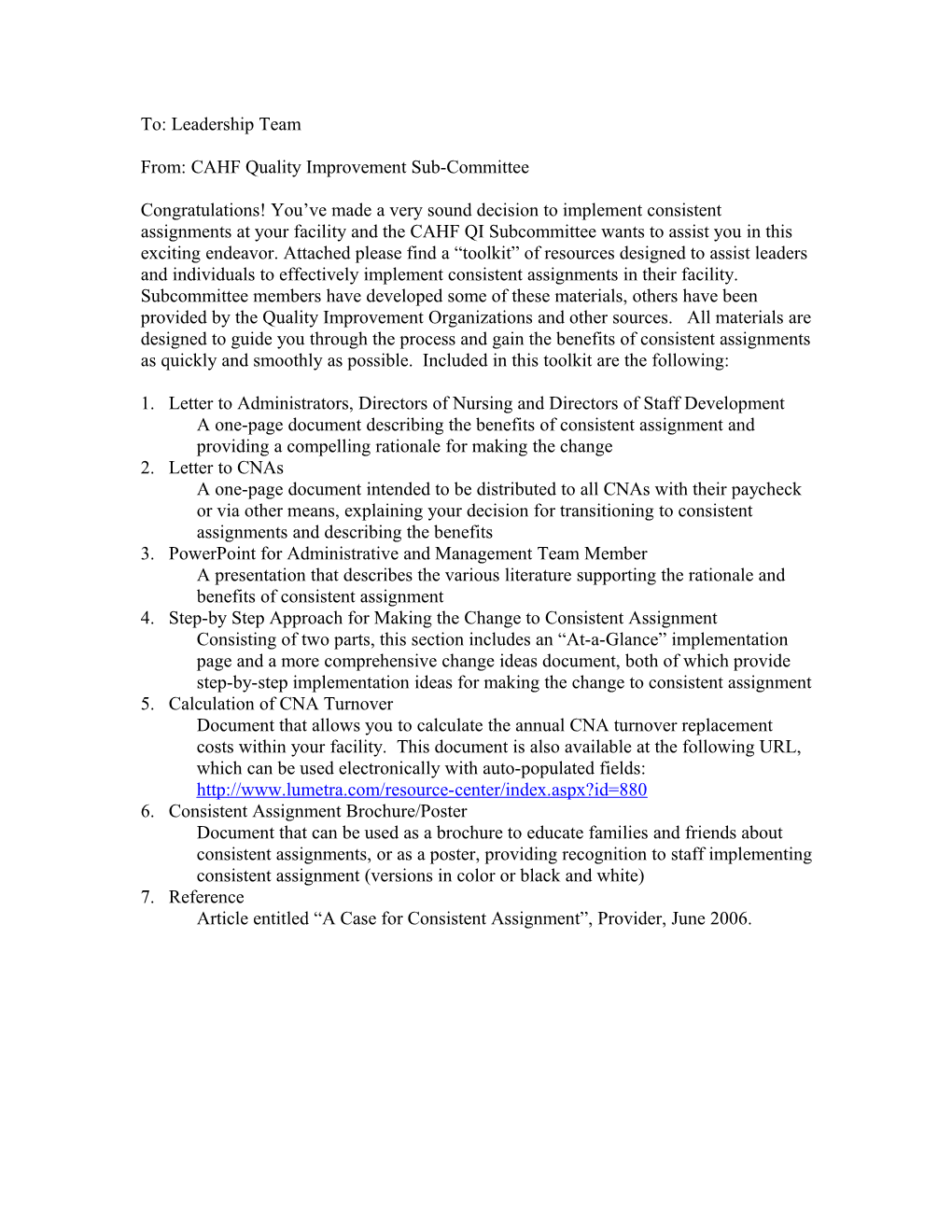 From: CAHF Quality Improvement Sub-Committee