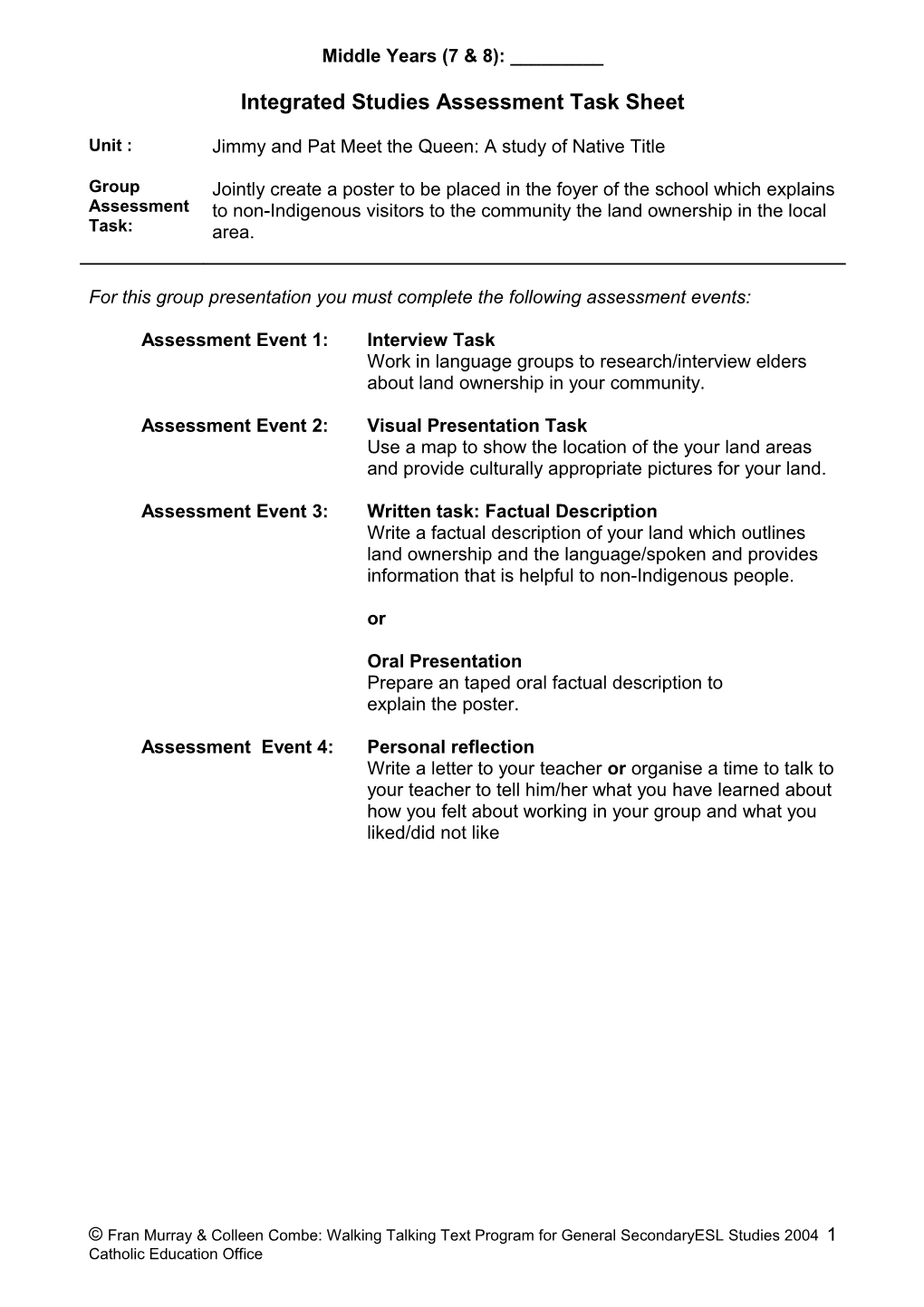 Integrated Studies Assessment Task Sheet