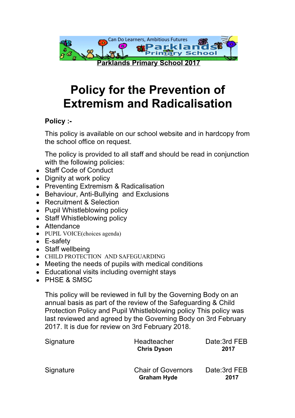 Policy for the Prevention of Extremism and Radicalisation