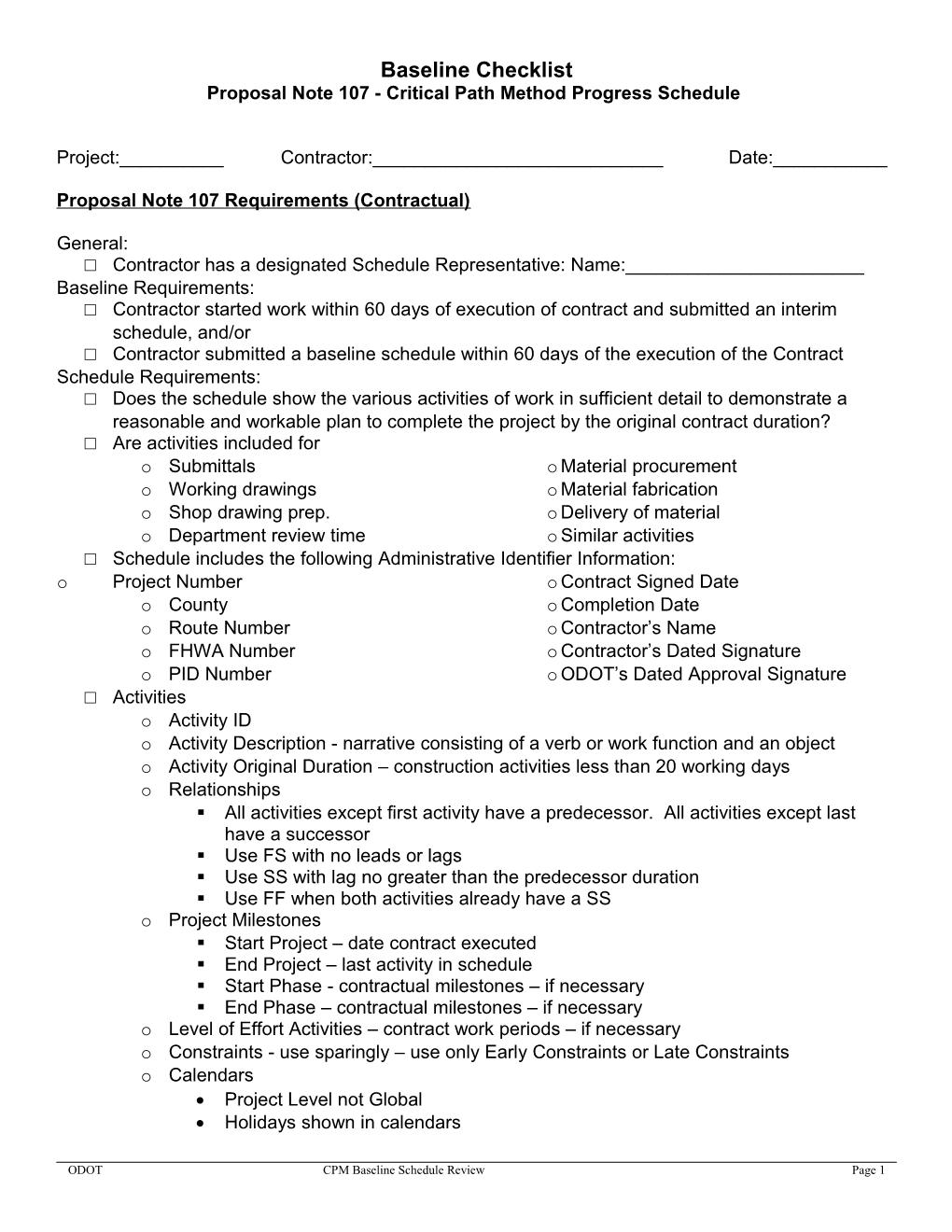 Proposal Note 107 - Critical Path Method Progress Schedule