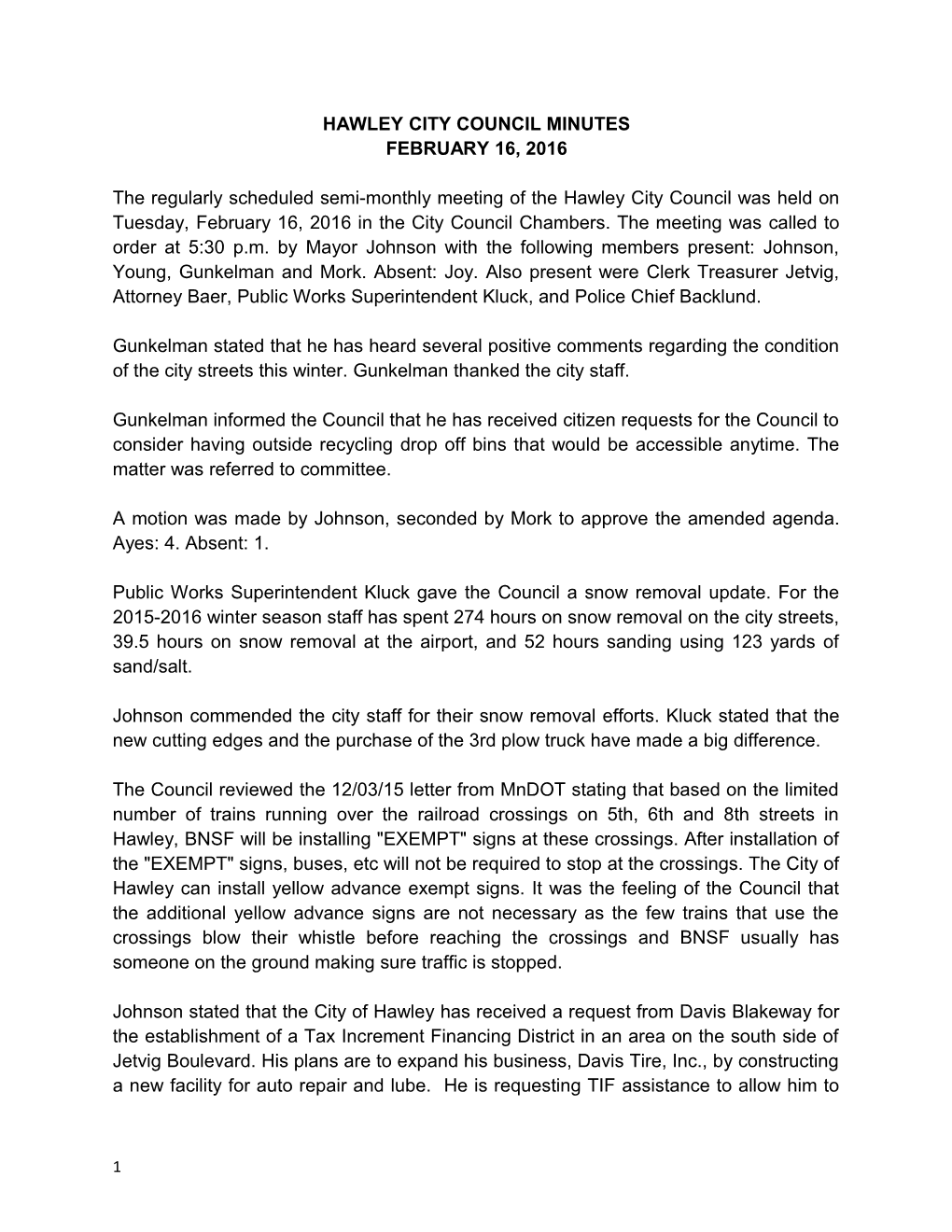 Hawley City Council Minutes