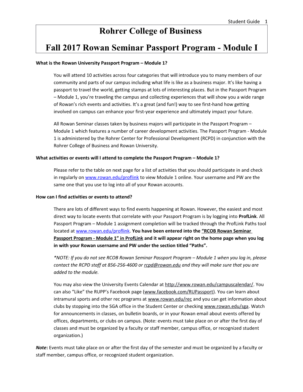 Fall 2017 Rowan Seminar Passport Program - Module I