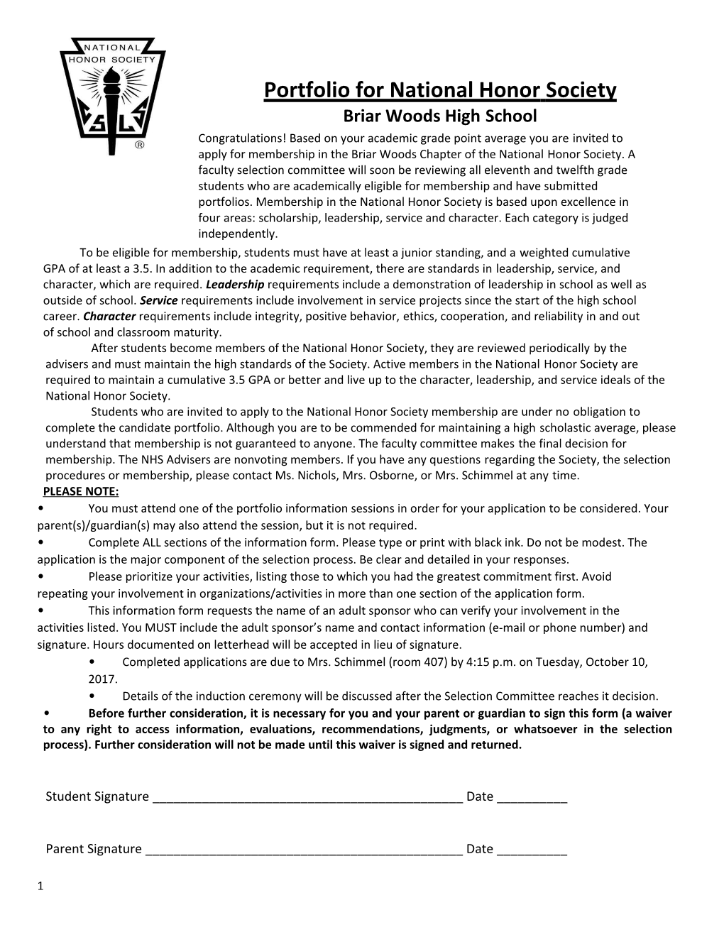 Application for National Honor Society