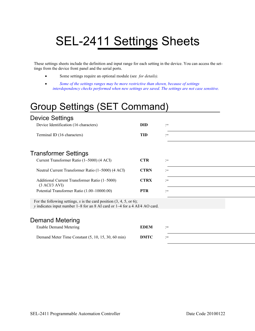 SEL-2411 Settings Sheets 45