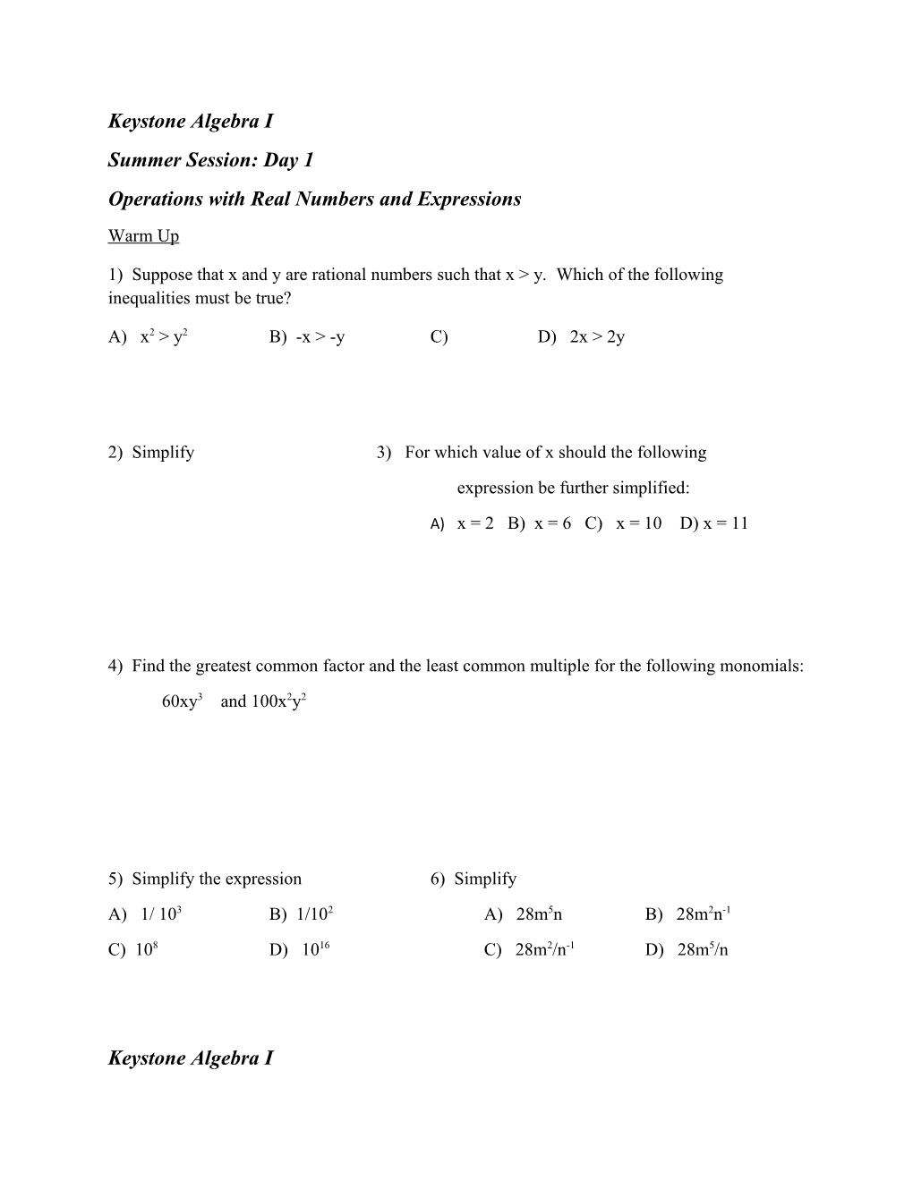 Operations with Real Numbers and Expressions