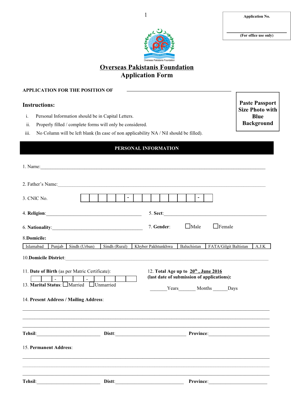 Draft of Application Form