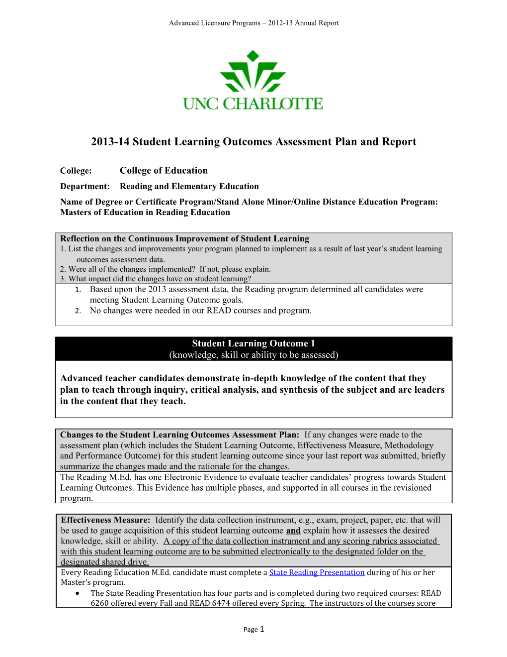 2013-14 Student Learning Outcomes Assessment Plan and Report