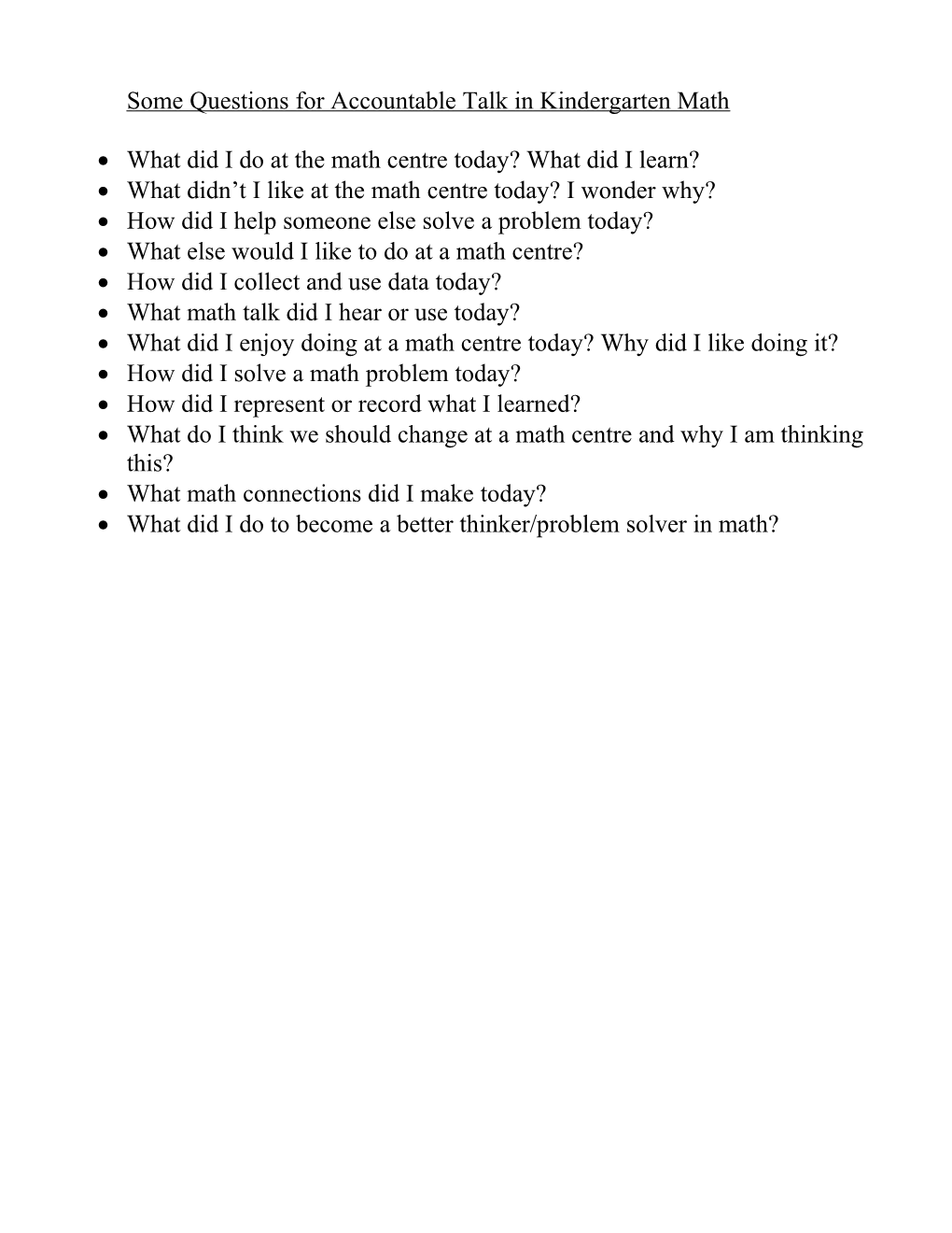 Some Questions For Accountable Talk In Kindergarten Math