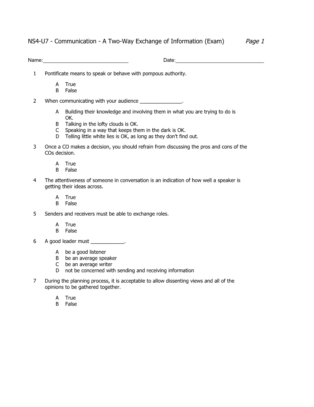 NS4-U7 - Communication - a Two-Way Exchange of Information (Exam) Page 1