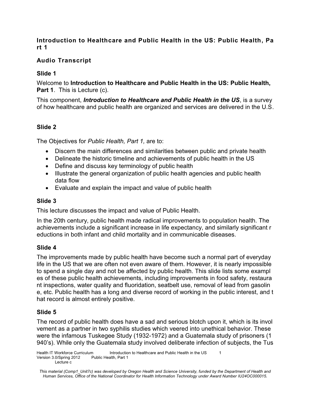 Introduction to Healthcare and Public Health in the US: Public Health, Part 1