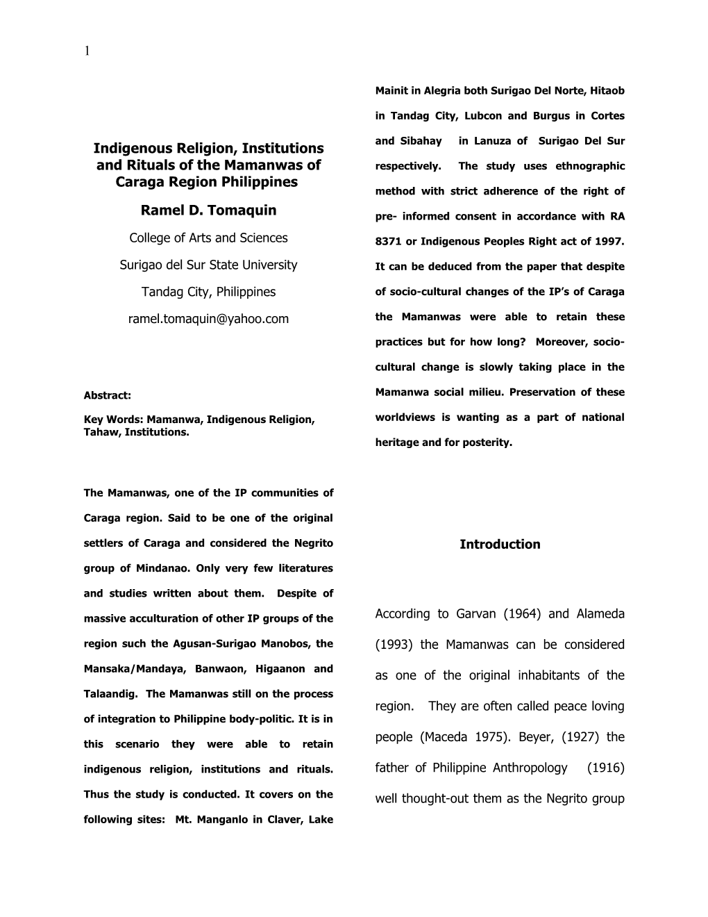 Indigenous Religion, Institutions and Rituals of the Mamanwas of Caraga Region Philippines