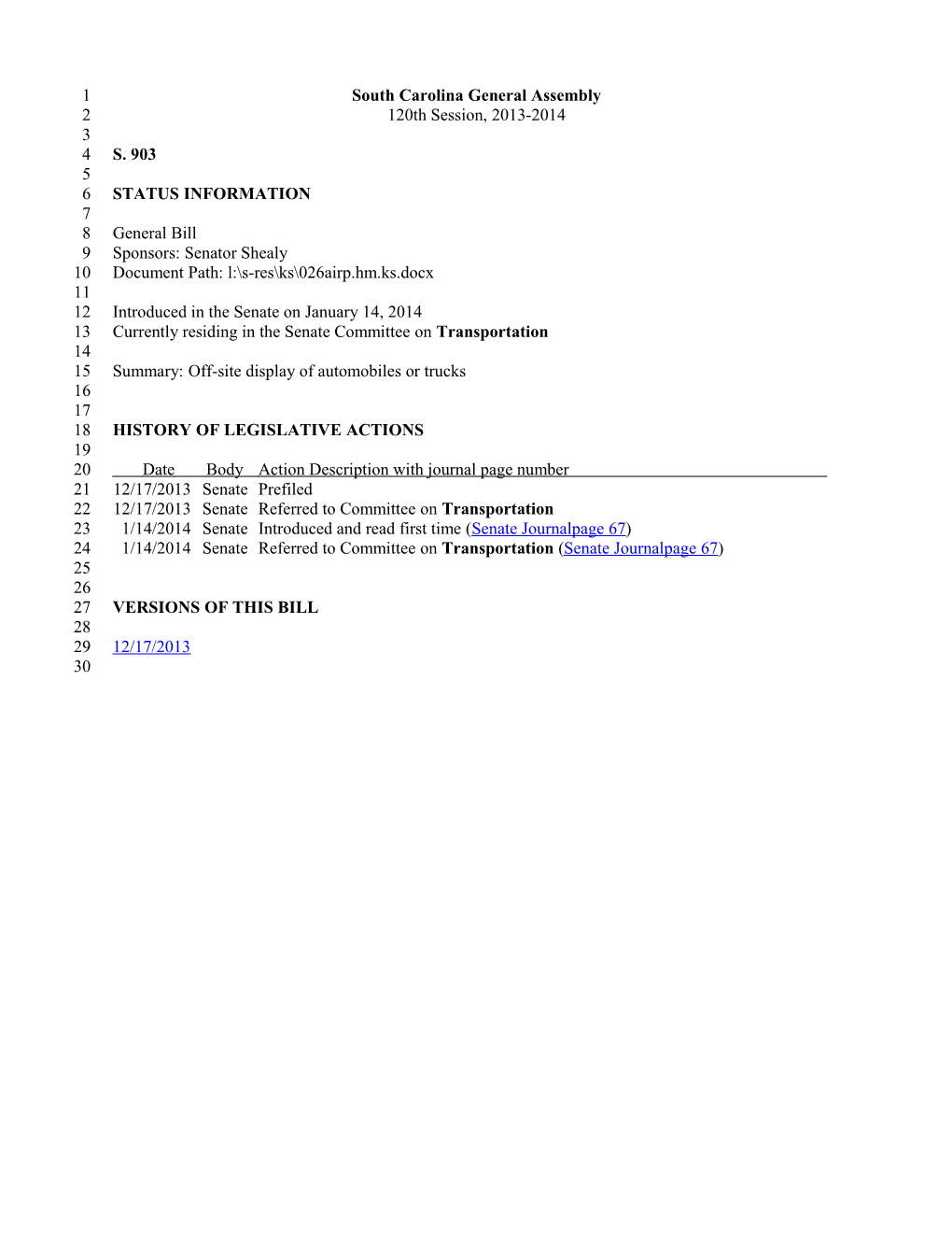 2013-2014 Bill 903: Off-Site Display of Automobiles Or Trucks - South Carolina Legislature