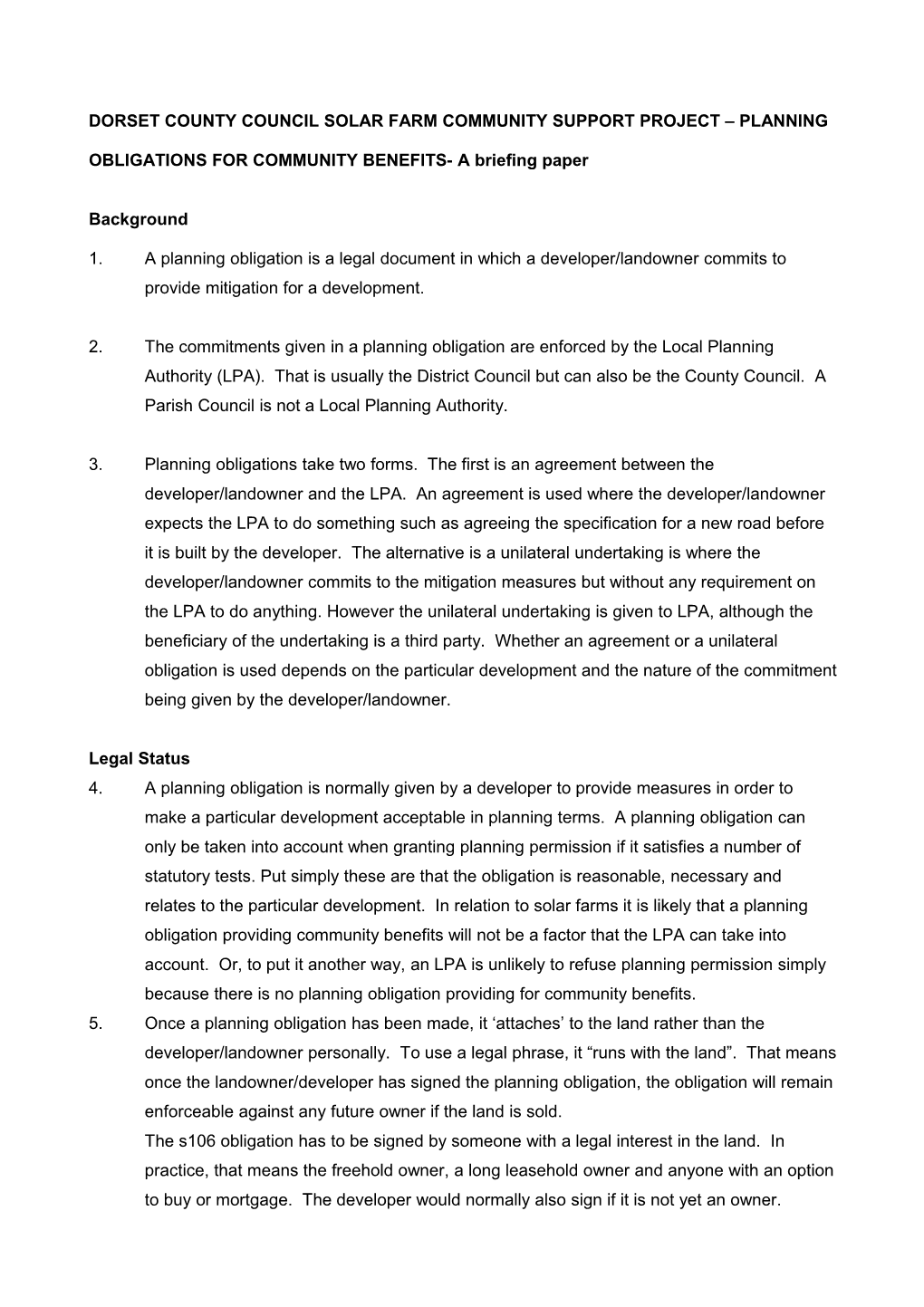 Solar Farm Project Planning Obligations for Community Benefits