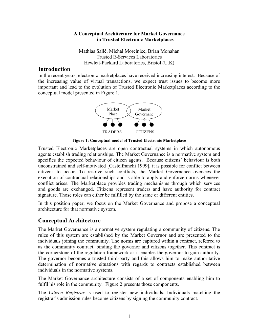 A Conceptual Architecture for Market Governancein Trusted Electronic Marketplaces