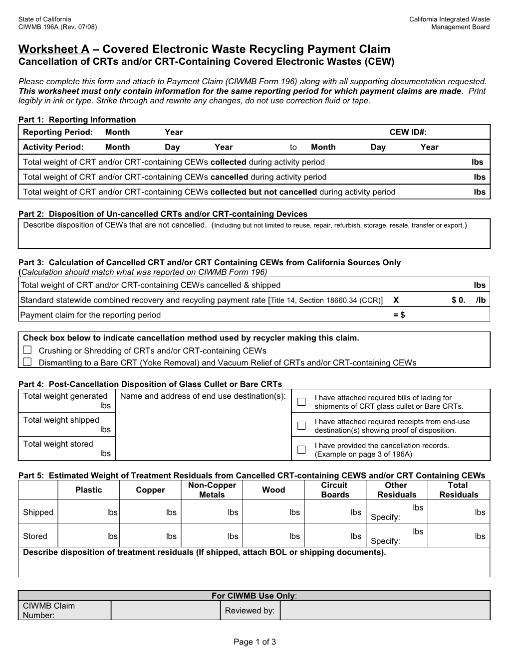 Covered Electronic Waste Recycling Payment Claim-Worksheet A, CIWMB196A (Revised 07/08)