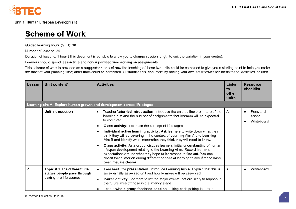 Unit 1: Human Lifespan Development - Scheme of Work (Version 2 Sept 2014)