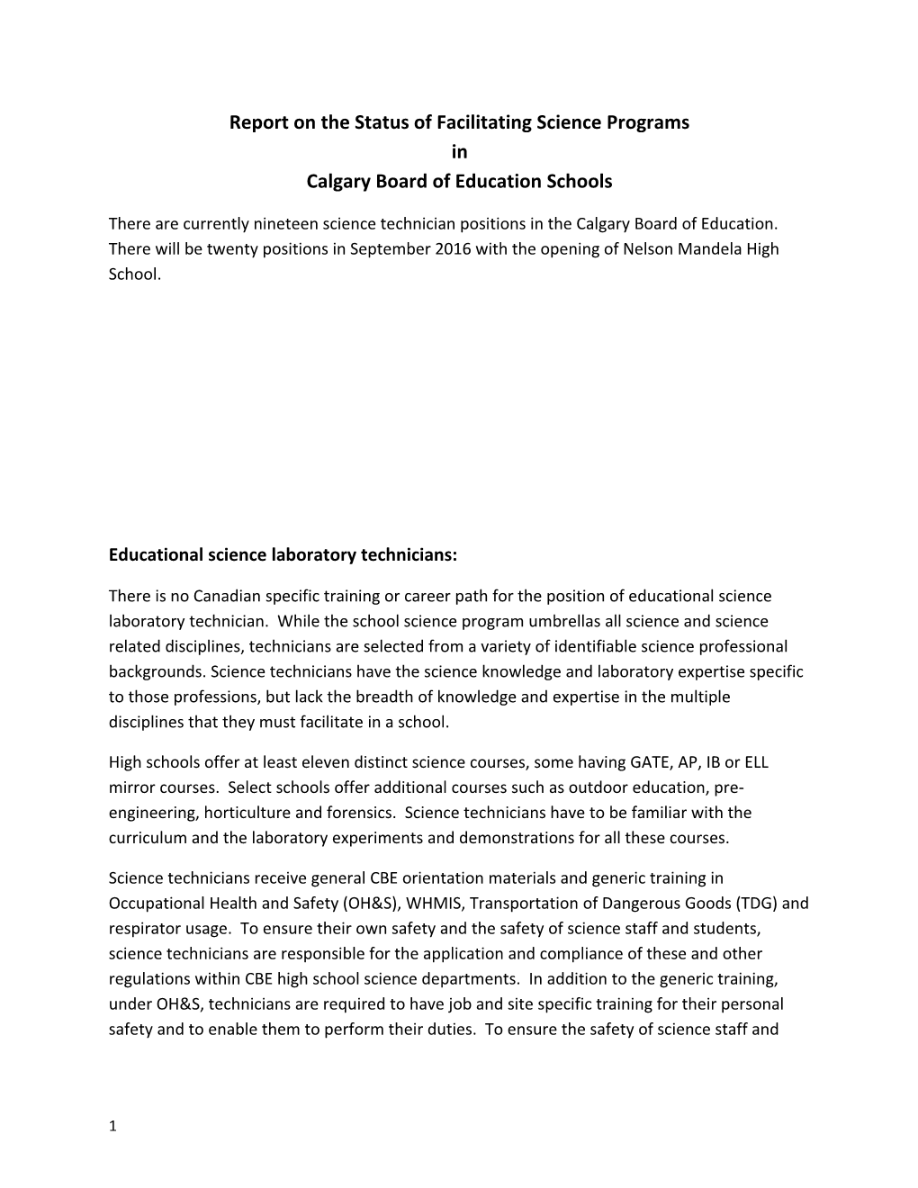 Report on the Status of Facilitating Science Programs in Calgary Board of Education Schools