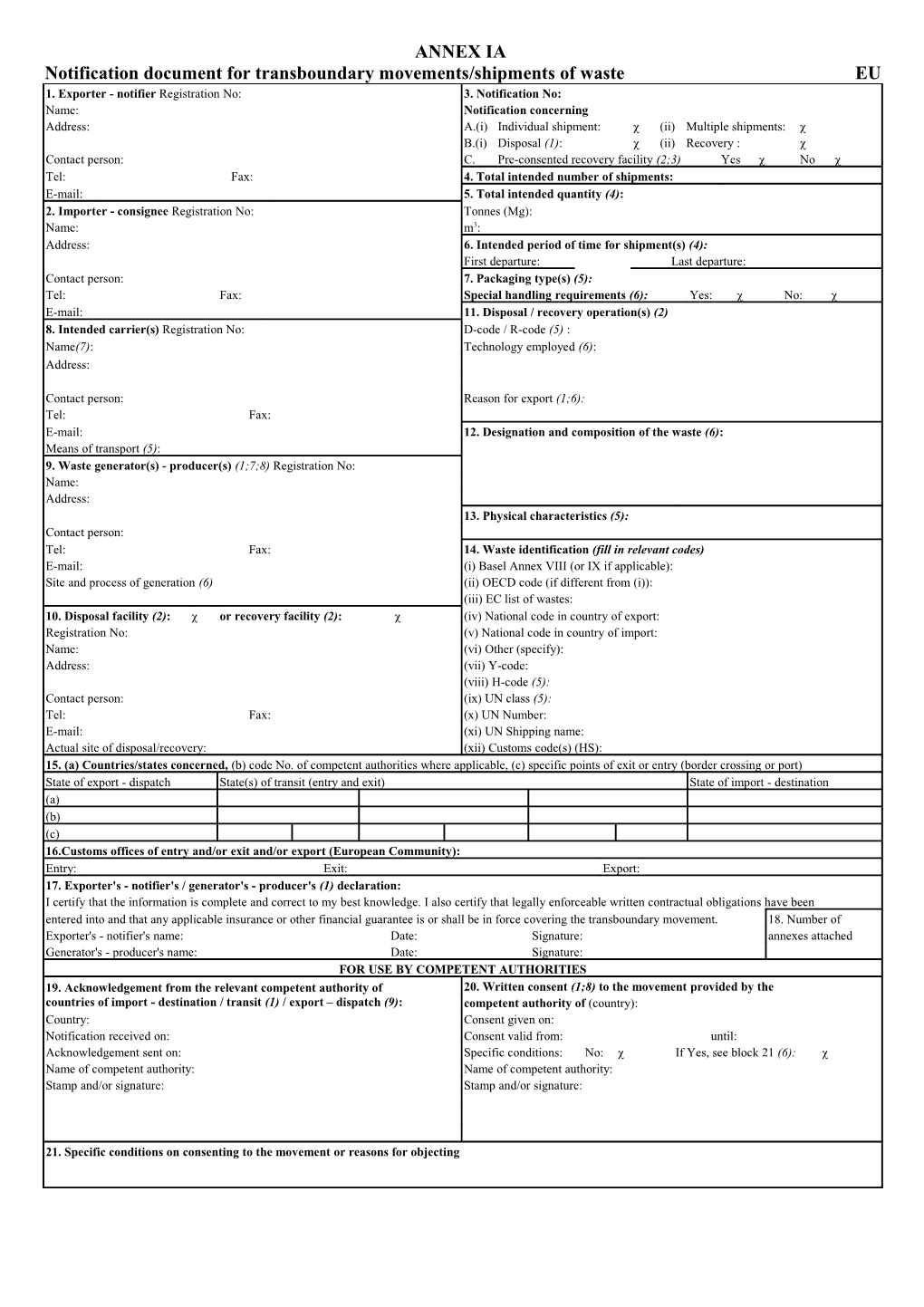 Notification Document for Transboundary Movements/Shipments of Waste EU