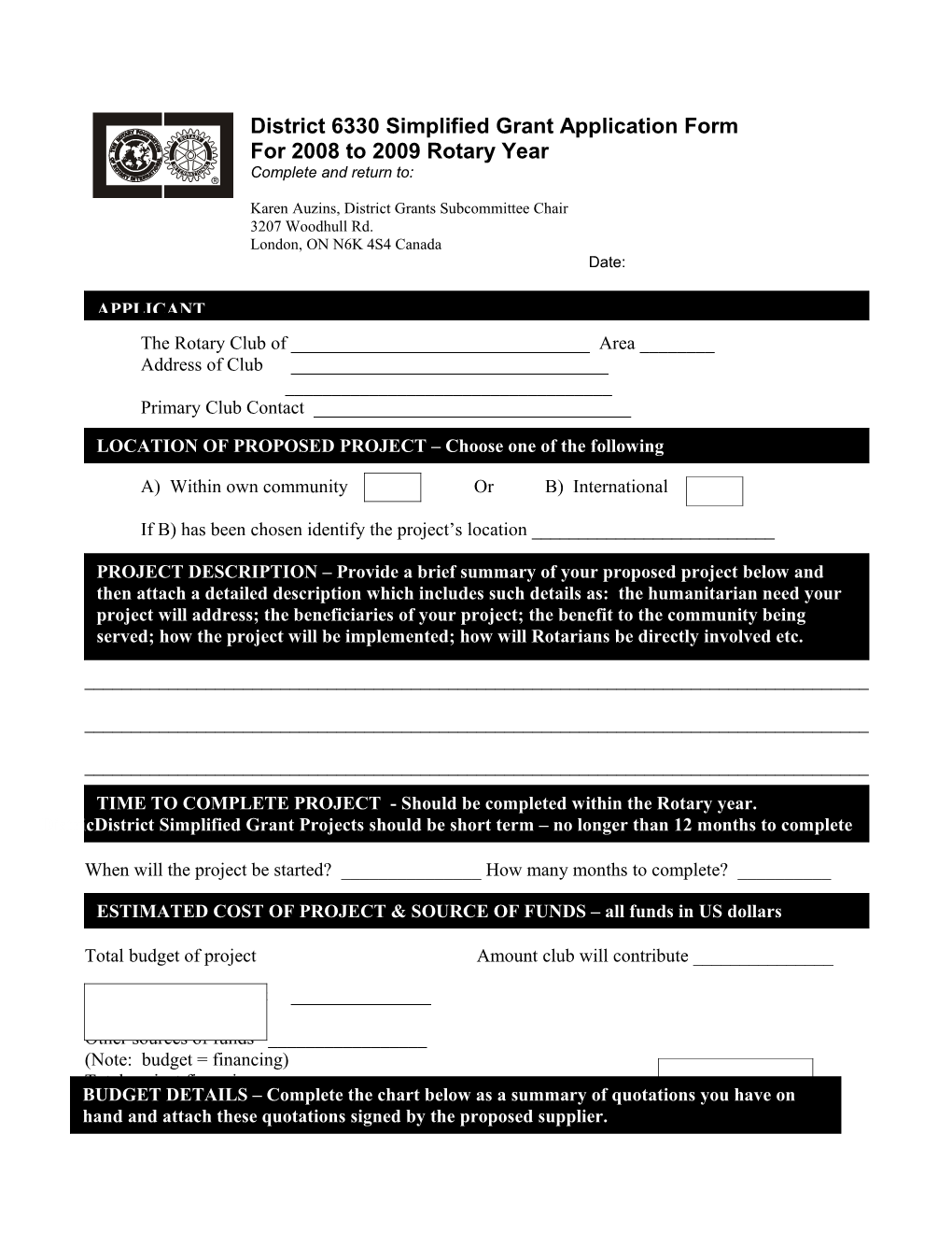 District 6330 Simplified Grant Application Form