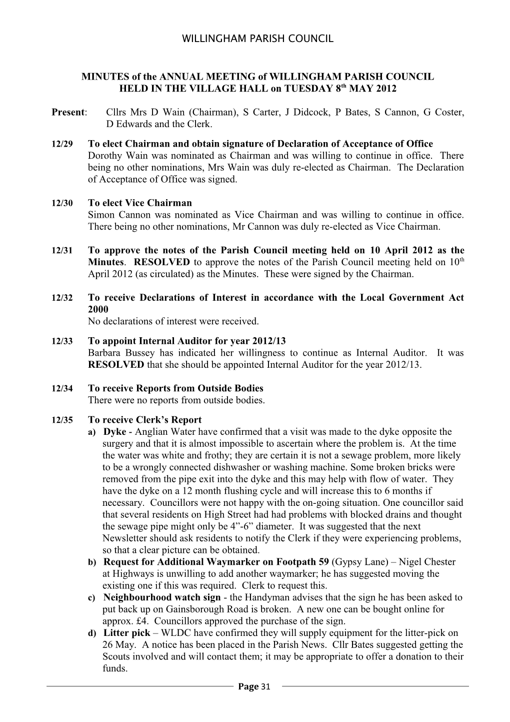 MINUTES of a MEETING of WILLINGHAM PARISH COUNCIL