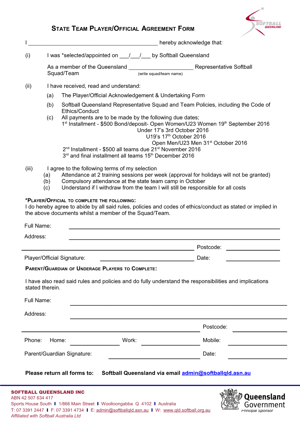 State Team Player/Official Agreement Form