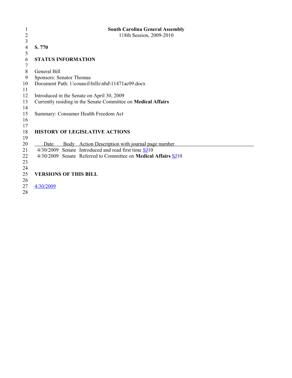 2009-2010 Bill 770: Consumer Health Freedom Act - South Carolina Legislature Online