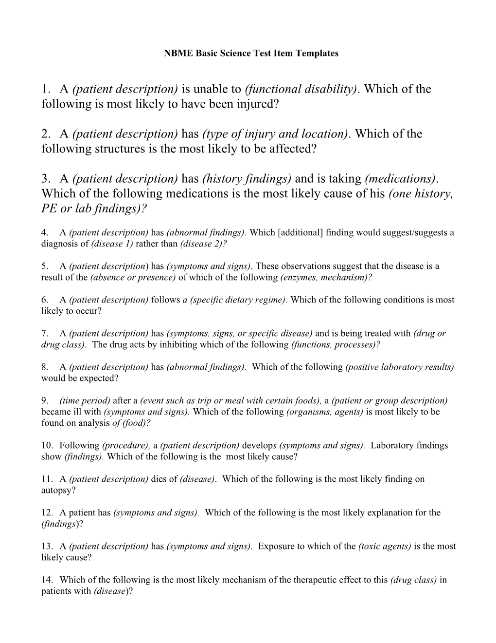 NBME Basic Science Test Item Templates