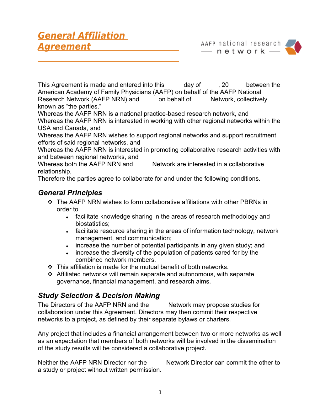 AAFP National Research Network General Affiliation Agreement